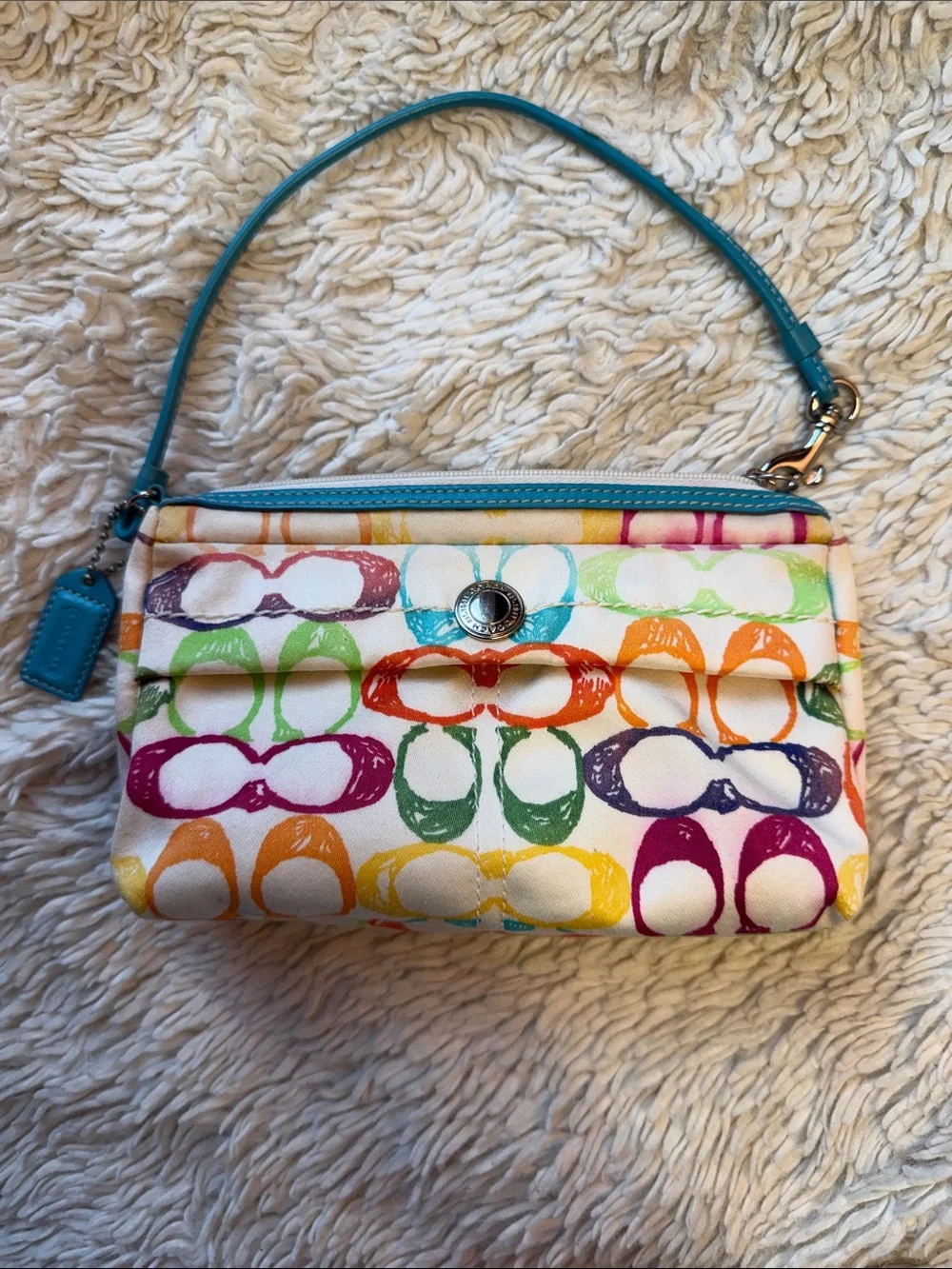 Vintage Coach Poppy Scribble Wristlet/Clutch~Aqua Leather/Soft Canvas